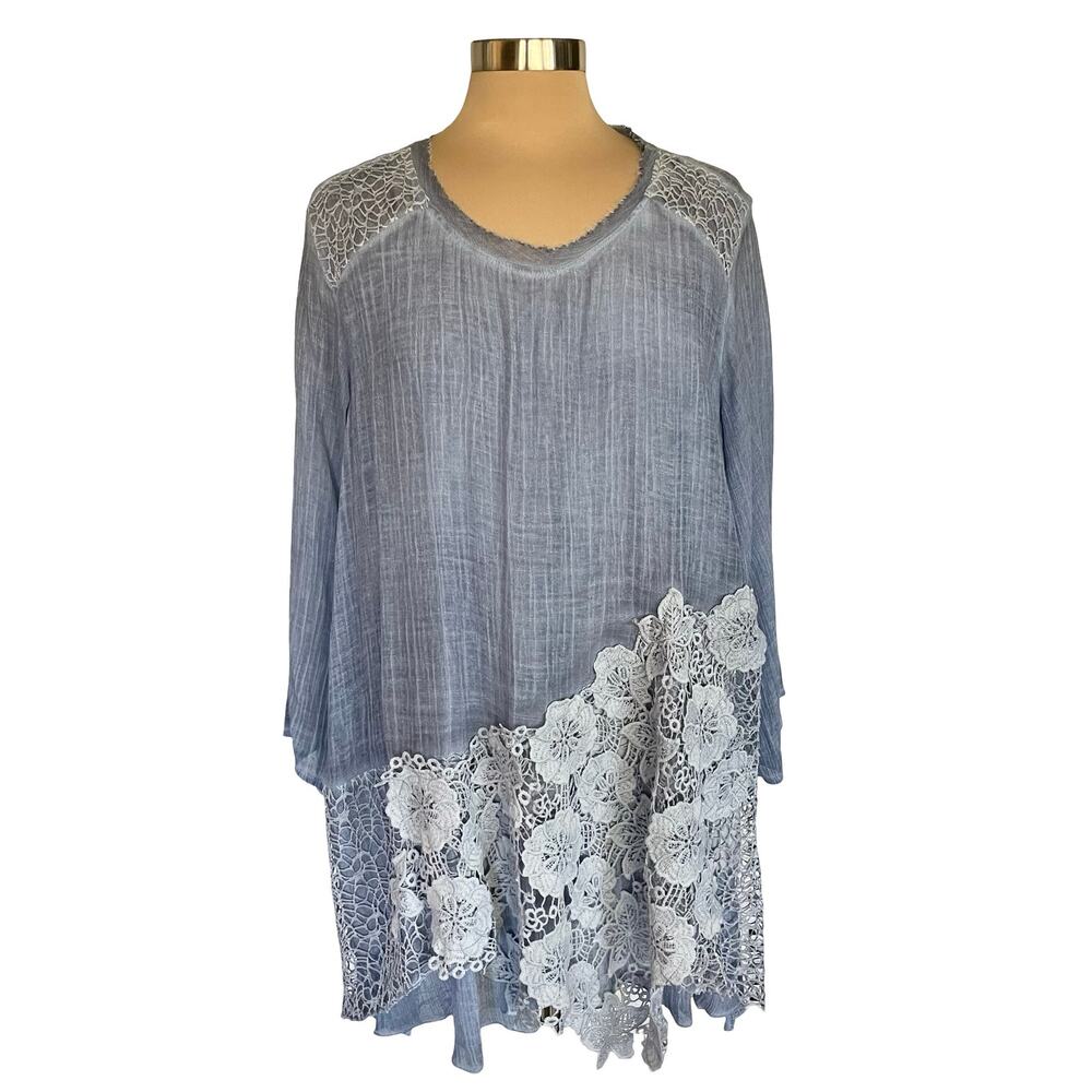 Krazy Kat Blue Gauzy Tunic Sz XXL Crochet Trim Asymmetric‎ Lagenlook Bohemian